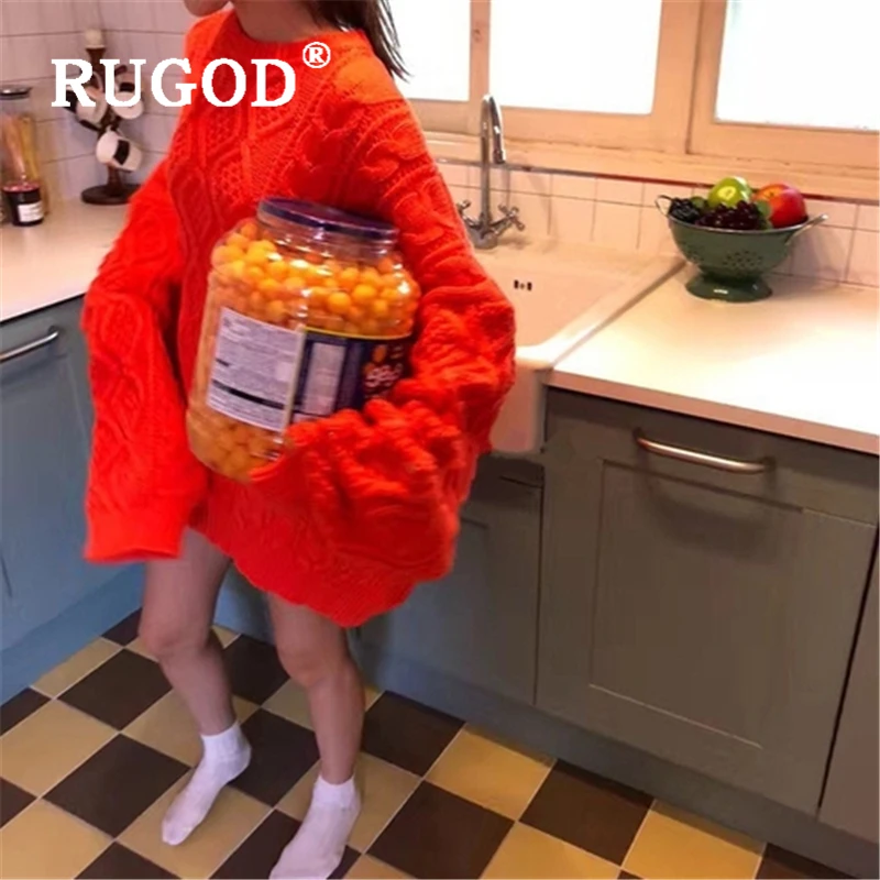 RUGOD 2019 Korean new twisted sweater women Fashion batwing sleeve solid mid-length loose auturm pullovers Casual oversized coat | Женская