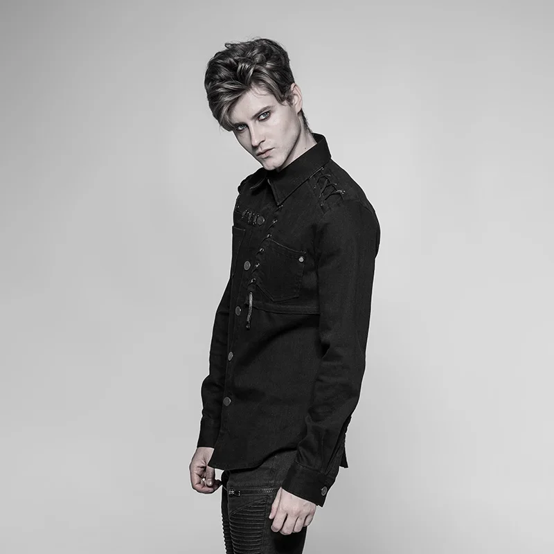 Мужская рубашка с длинным рукавом черная в стиле панк | одежда