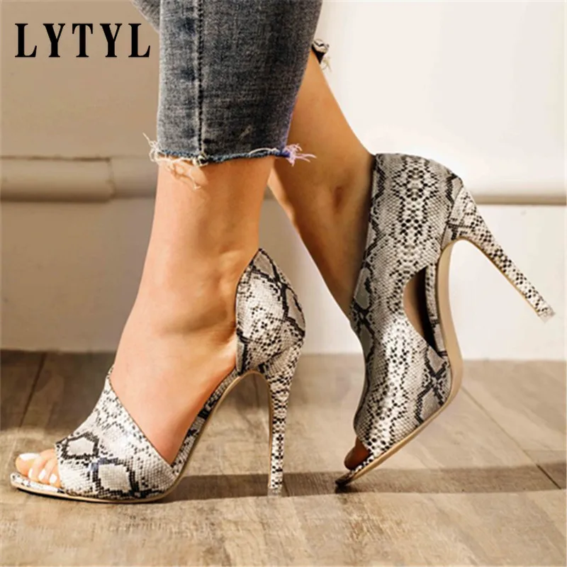 

shoes European and American summer open-toed snake print Roman shoes fish mouth side hollow stiletto super high heels B20-6222