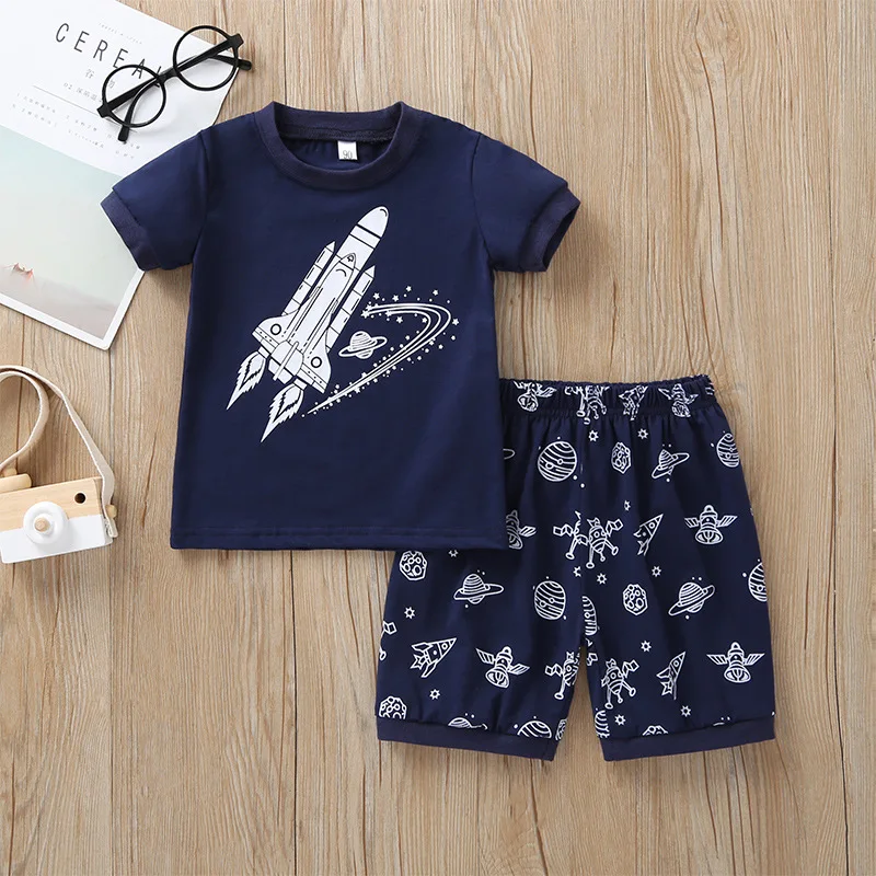 

KISBINI Summer Kids Boys Clothes Set Rocket Printed Cotton Short Sleeve T-shirt Shorts Outfits Navy Children Clothing