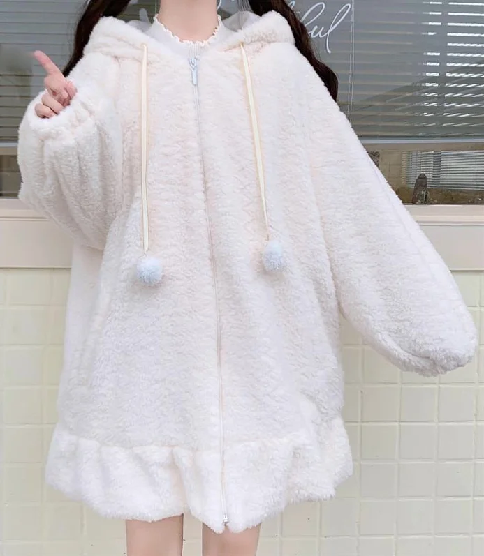 Lolita Teddy Rabbit Ears Hooded Soft Girl Ruffle Faux Wool Coat Zip Up Jacket Jacket Women Lambswool Plus Cotton Thick Outer New