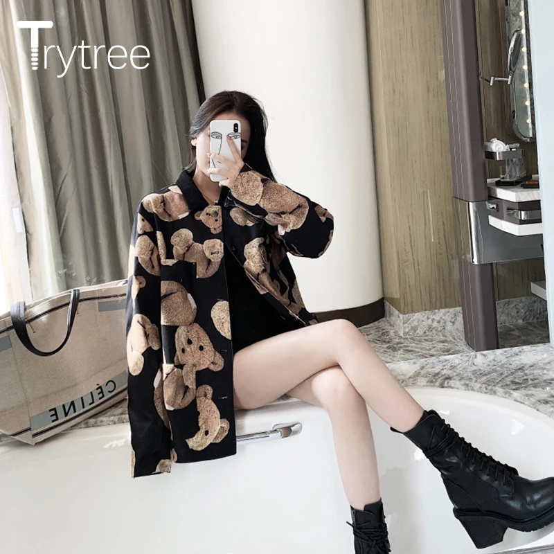 Trytree Женская Повседневная Блузка с отложным воротником однобортная Свободная