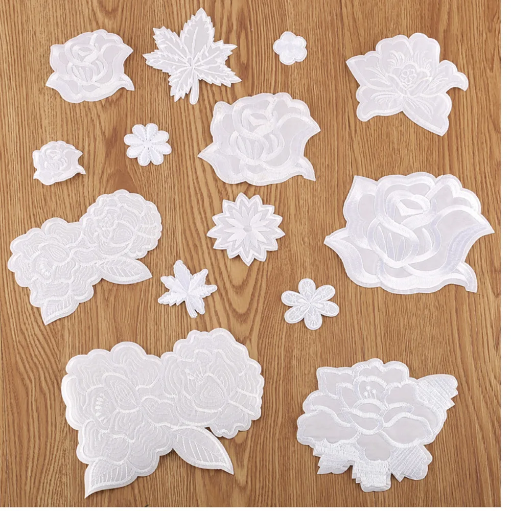 Белые розы кленовые листья цветы вышивка патчи для одежды швейная аппликация