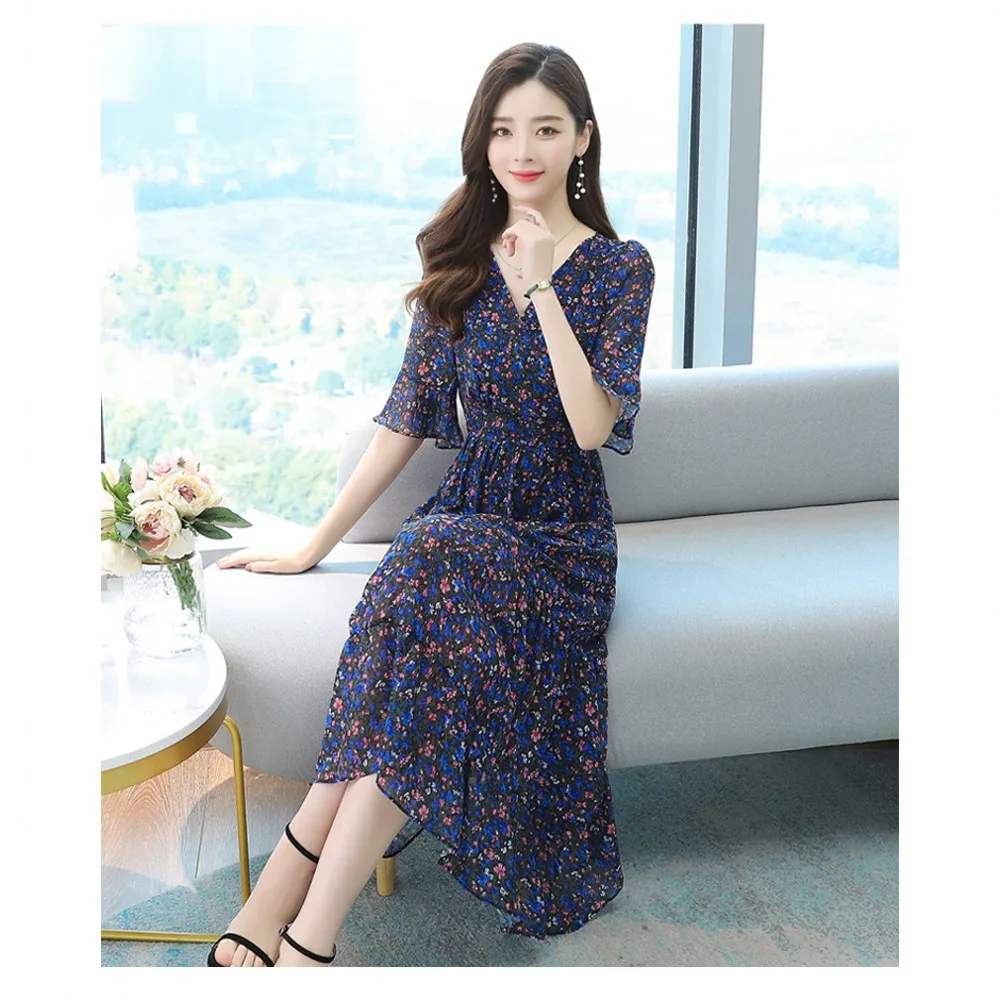 

Pleated Dress 2021 Fashion Summer New Casual Women's Floral Chiffon V-neck Short-sleeved High-waist Stitching Mid-length Skirt