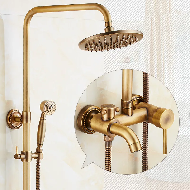 brass antique bathroom shower faucet set wall mount dual handle with handshower brass bathroom shower mixer tap free global shipping