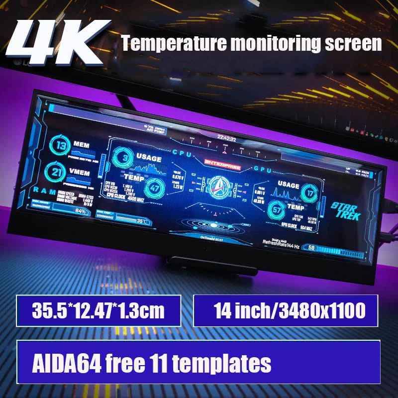 

Chassis Secondary Screen 14-inch 4K Display DIY Computer Temperature Monitoring Screen Host Status Real-time Display AIDA64