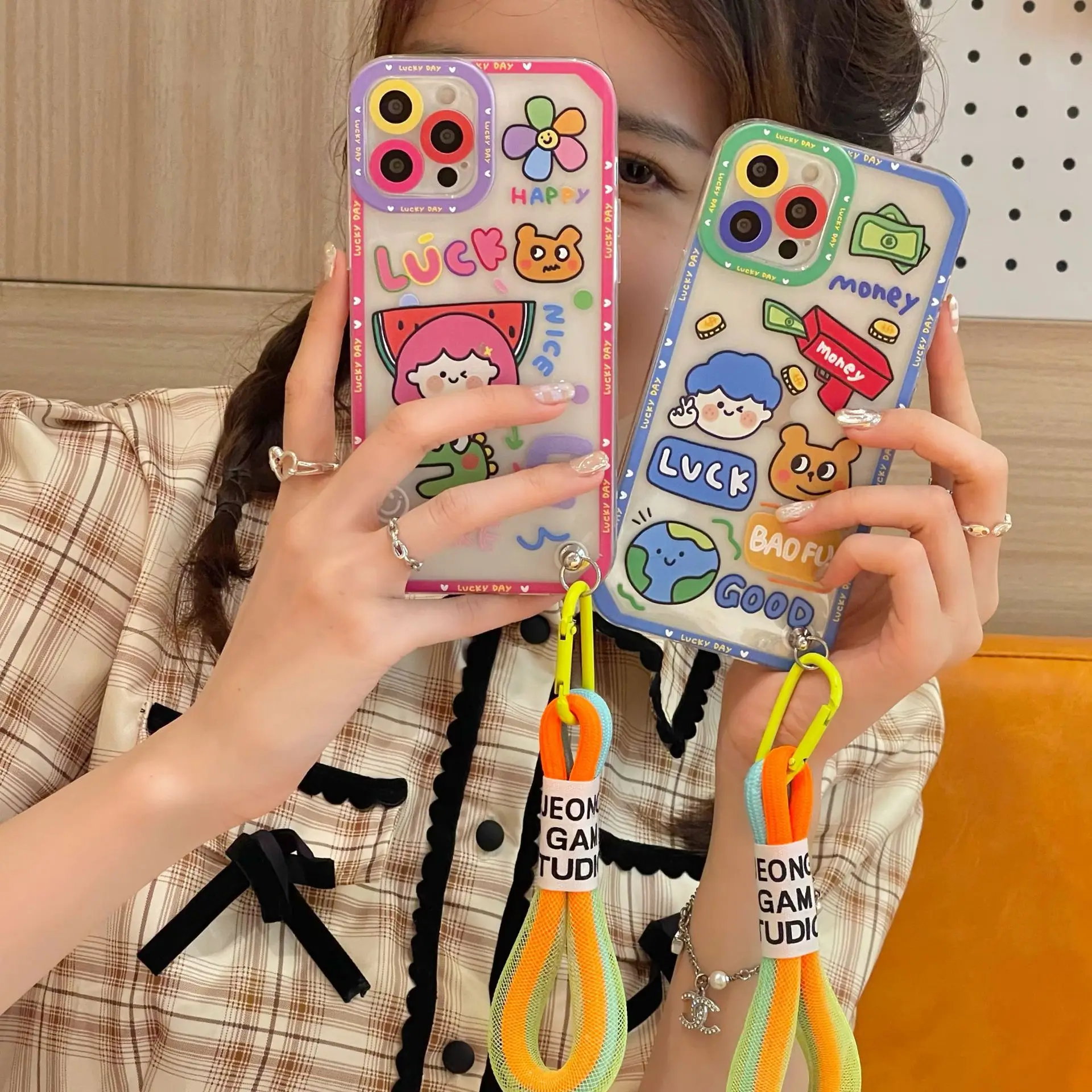 

For Apple iPhone 7 8 Plus 12 Pro Max 11 X XS Max Mini XR Cartoon Cute Couple Mobile Phone Case With Lanyard Mobile Phone Case
