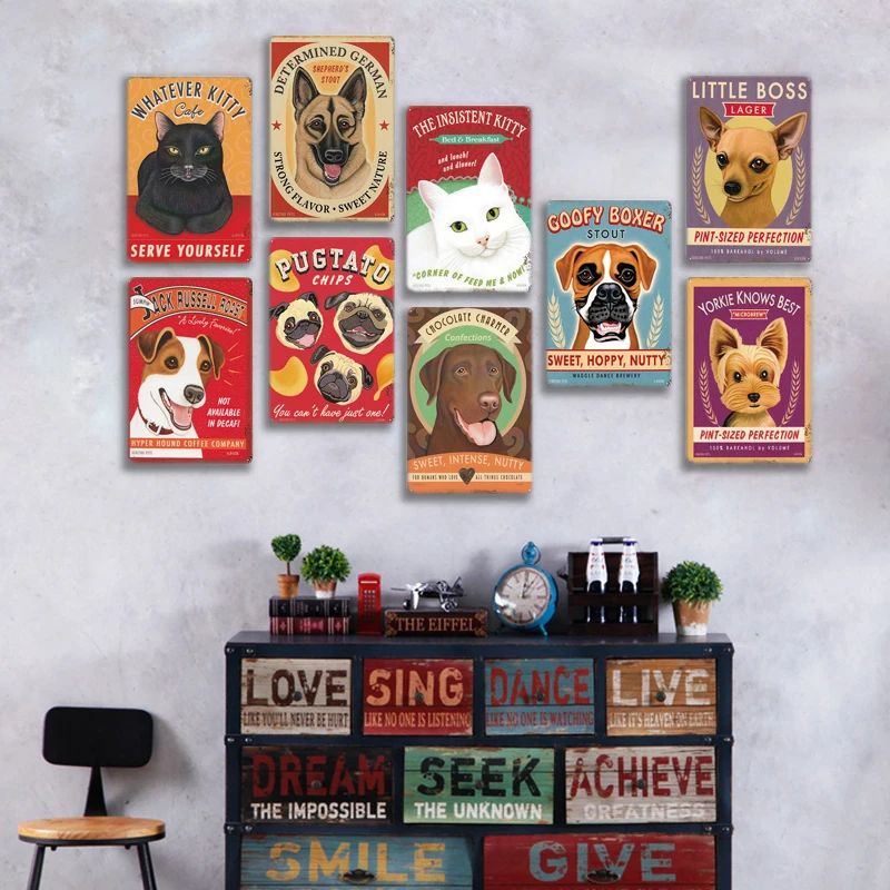 [InFour +] Новые милые кошки и собаки металлические знаки домашний декор винтажные