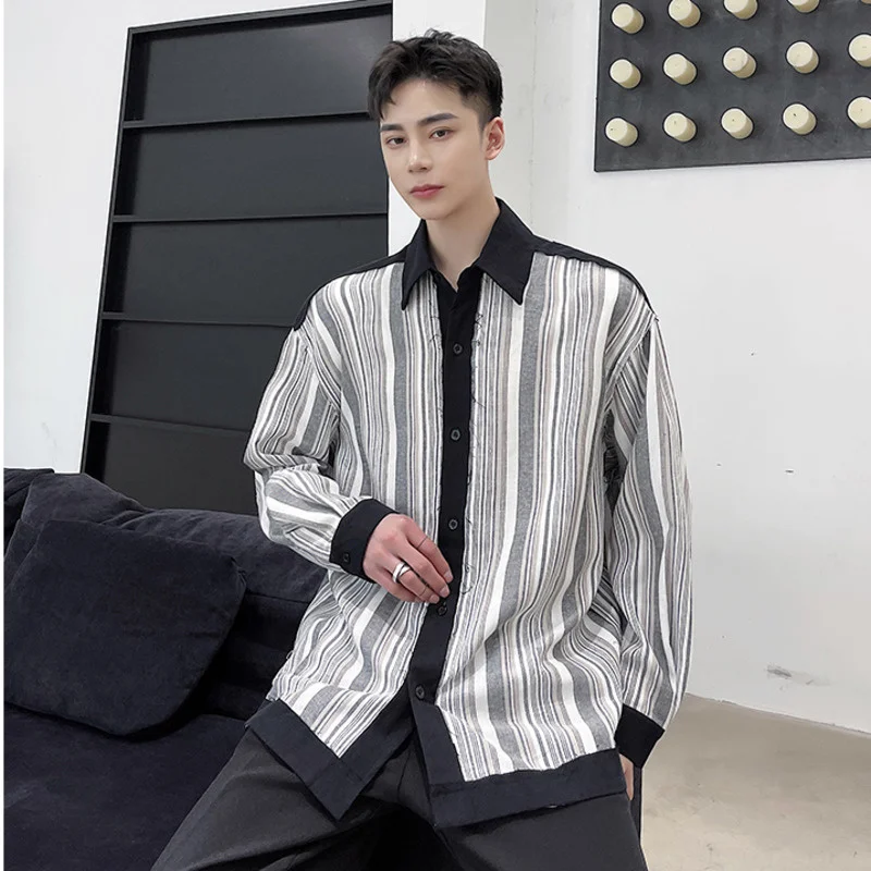 

IEFB Men's Stripe Long Sleeve Shirts Contrast Color Patchwork Rough Edge Cutting Niche Loose Shirt 2021 Autumn New Oversize Tops