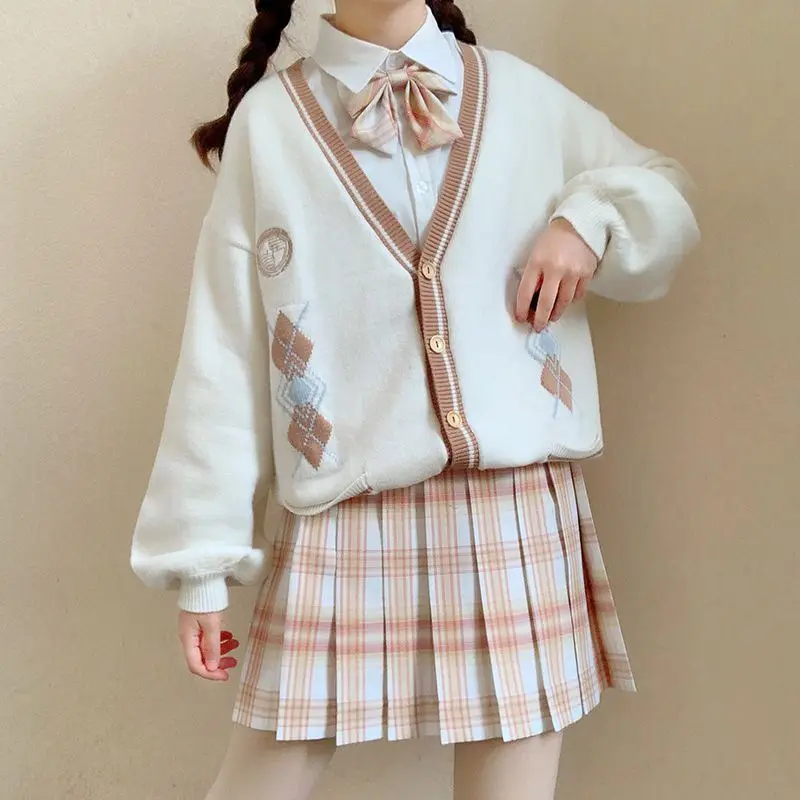 Student Girls Cosplay Japanese Fashion Jk Cardigan Knitted Sweater + Pleated Skirt Shirt Tie Female 4 Pieces School Uniform |