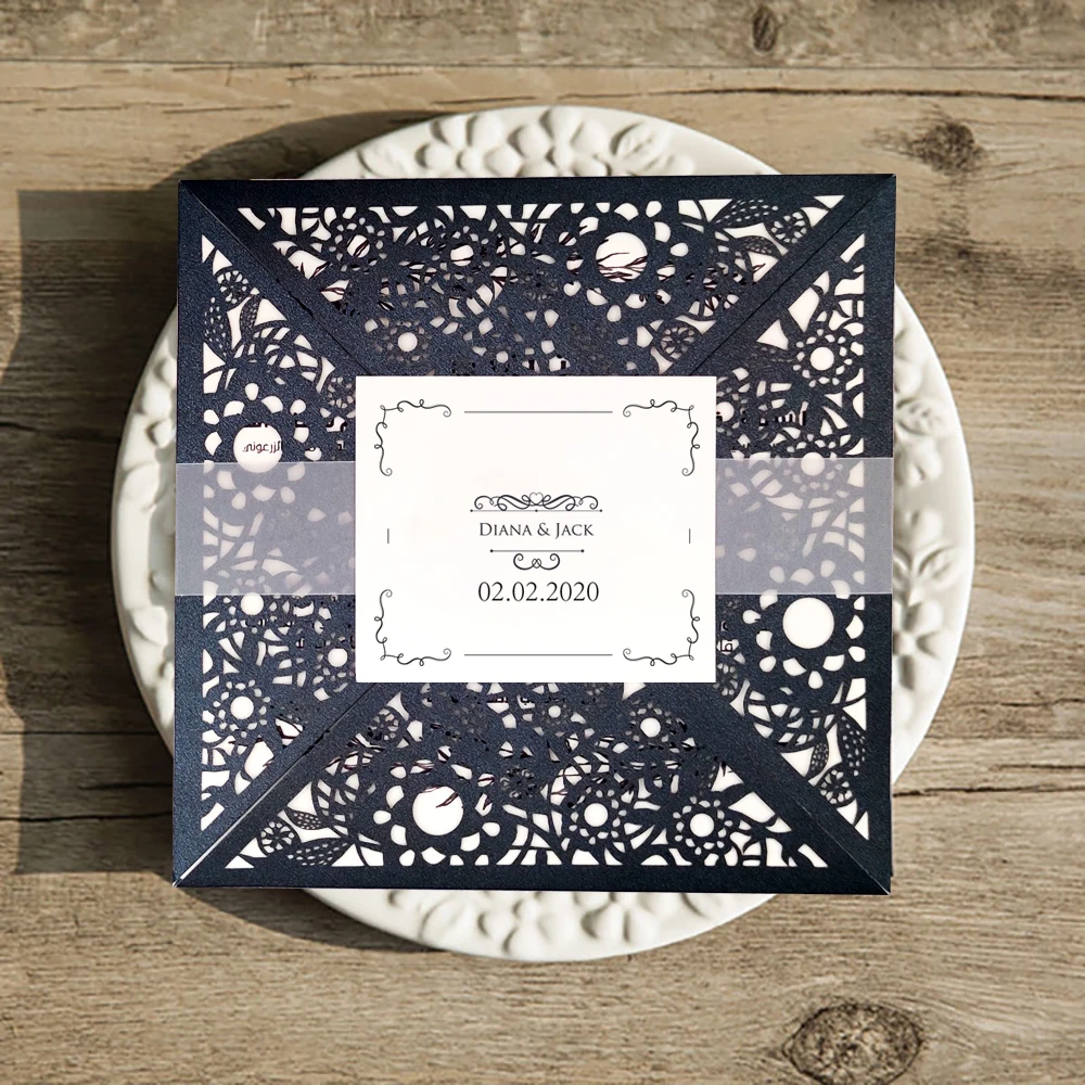 50 наборов дизайн деревенский лазерная резка черные свадебные приглашения с