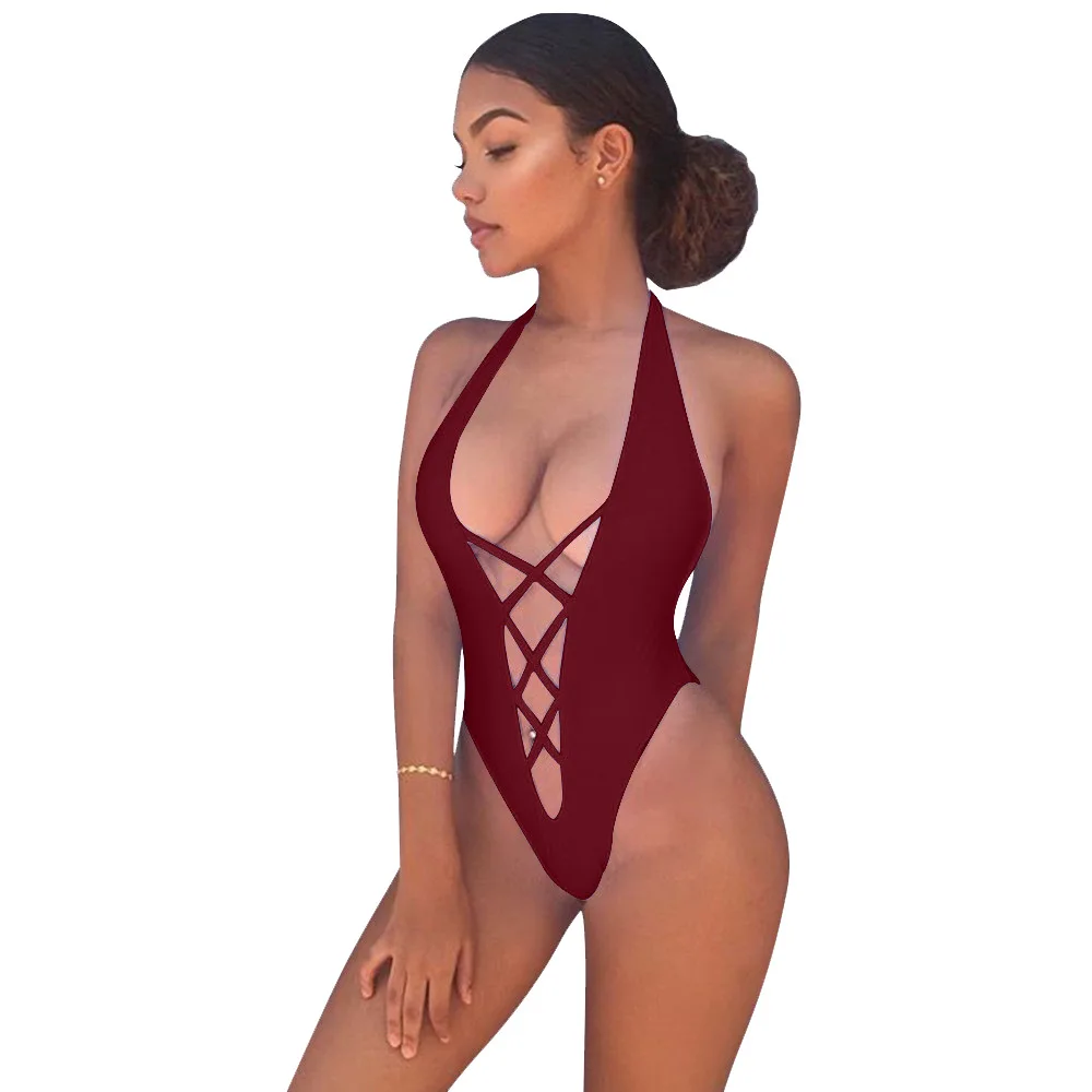 

High Cut String Crossing Bikini Swimsuit Deep V Sexy Solid Backless Swimwear