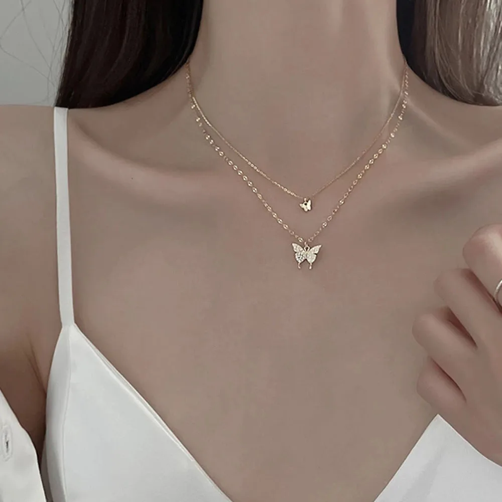

Golden Silver Zircon Butterfly Necklace Womens Fine Layering Pearl Pendant Clavicle Chain Necklace Collar Party Jewelry Gifts