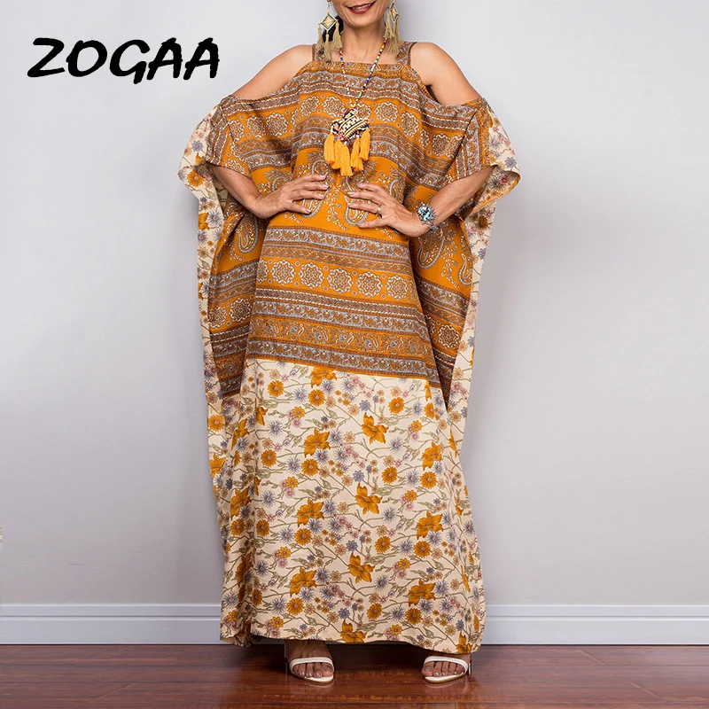 

ZOGAA 2021 Beach Vacation Casual Dress Strapless Straps National Dresses Plus Size Clothing for Women Evening Dress Long Luxury