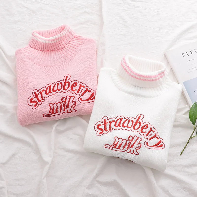 

Autumn and winter new style Japanese fresh strawberry embroidery turtleneck sweater sweater top women
