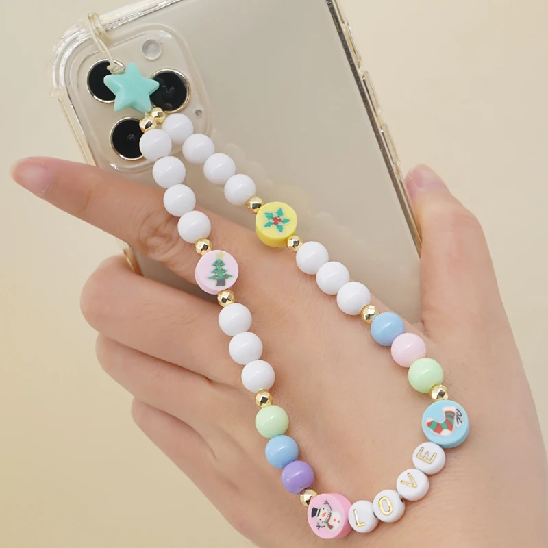 

Customizable Handmade Soft Clay Christmas Tree Acrylic Beads LOVE letter Mobile Phone Chain Strap Lanyard