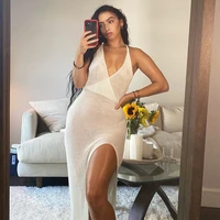 summer sexy see through side split dress beachwear cover up white women hollow backless knitted maxi dresses fashion aesthetic