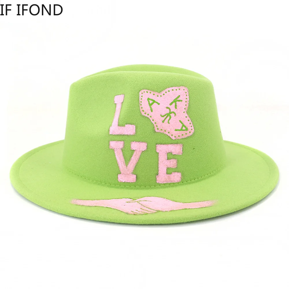 

2021 Wide Brim Hand-painted Fedora Hats for Women Men Autumn Winter LadiesWedding Party Church Hats Panama Felt Jazz Hat