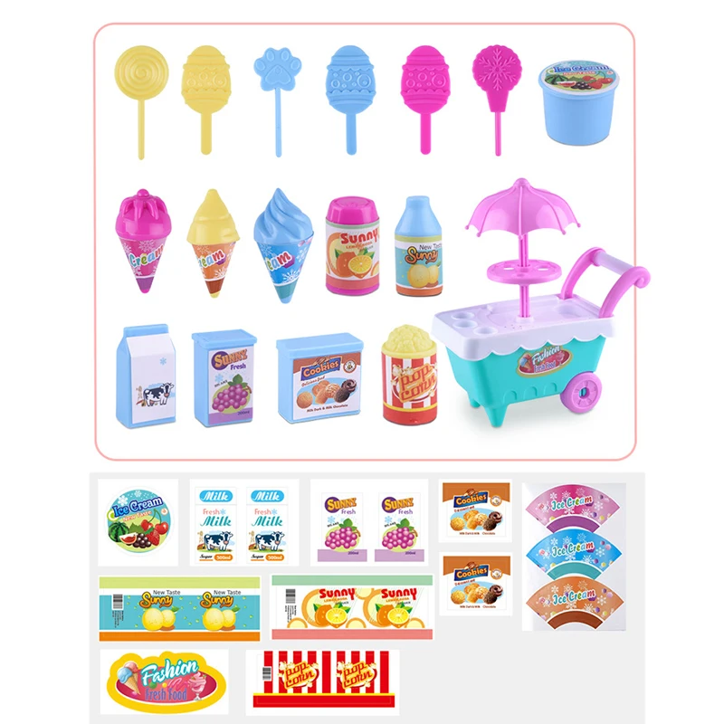 

16pcs Mini Size Children's Ice Cream Candy Trolley Music Lighting Play House Set Random Color Girl Birthday Gift Boxed Kids Toys