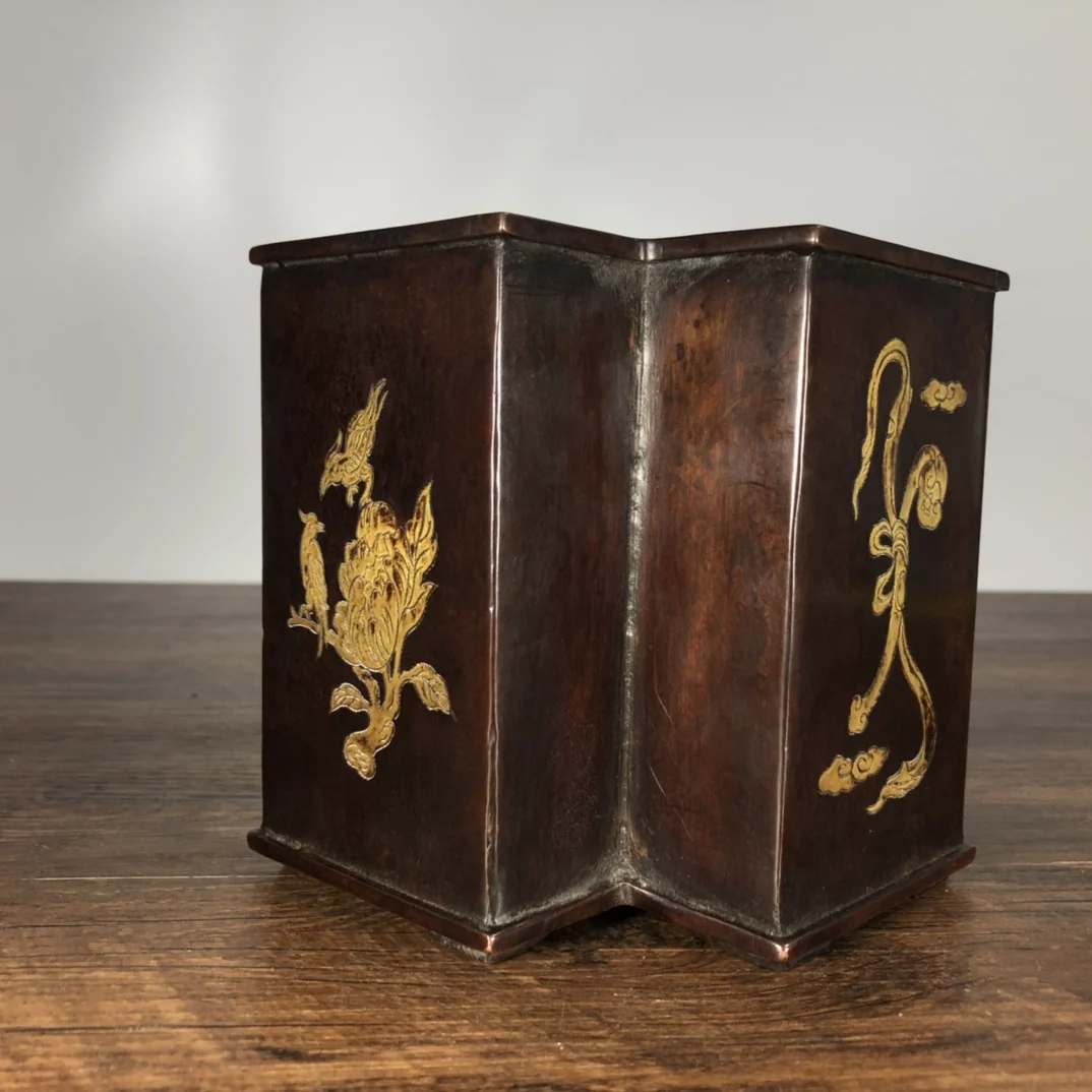 

Китайская коллекция храмов 6 дюймов, старинная фиолетовая бронзовая позолоченная скульптура, держатель для ручек с шестью Сторонами, украшения для офиса, городского дома