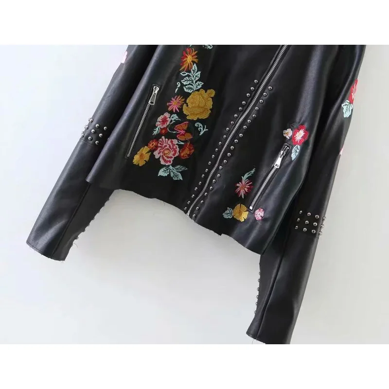 women autumn pu leather jacket 2019 fashion girls ladies embroidery rivet zipper elegant female winter cool biker jackets | Женская