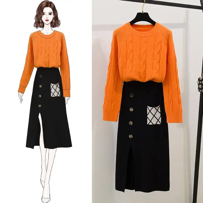 Осенне-зимний женский костюм с длинным рукавом трикотажный свитер + юбка
