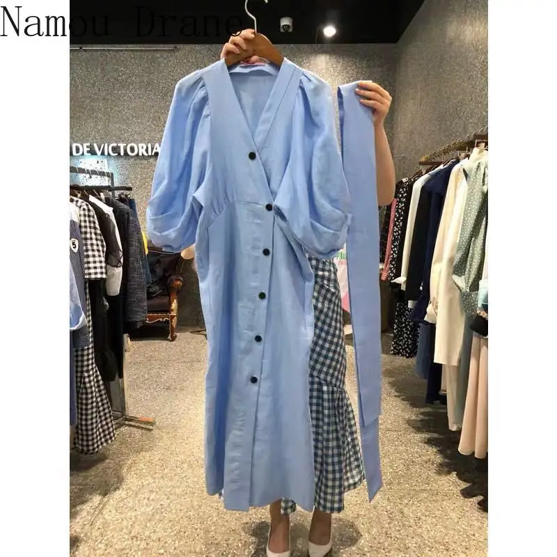 

Cotton Dress 2021 Popular Spring and Summer New French Temperament Retro V-neck Waist Hugging Slimming Puff Sleeve Dress