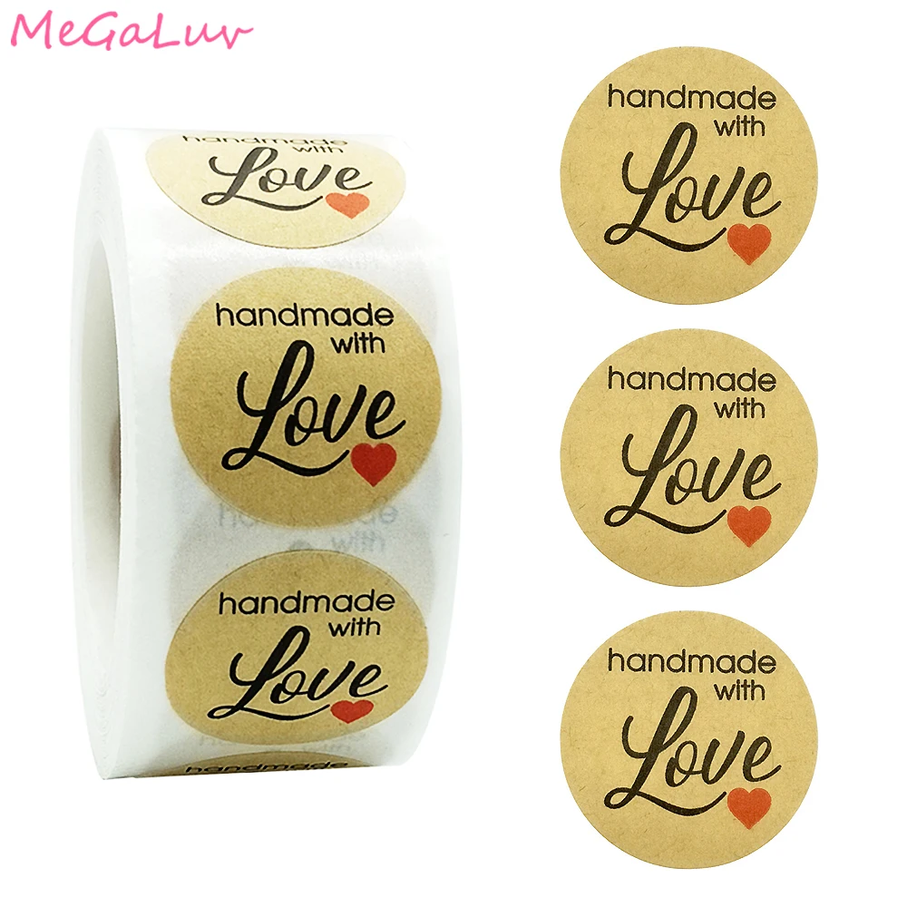 

500 шт., наклейки ручной работы из натуральной крафт-бумаги с надписью «Handmade With Love»