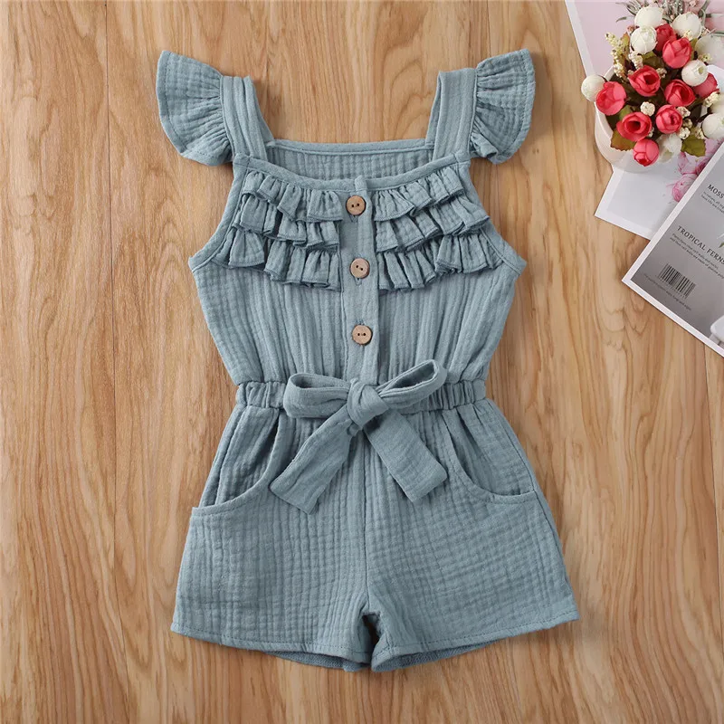 

0-5Y Summer Newborn Toddler Baby Girls Romper Fly Sleeve Sunsuit Solid Ruffles Pocket Jumpsuits Outfit Elastic Waist Playsuit