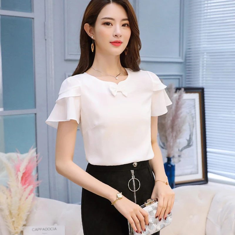

2021 Summer chiffon women shirts Loose Blouses Bow Short Sleeve Elegant Solid White Tops Office Lady Clothing Blusas