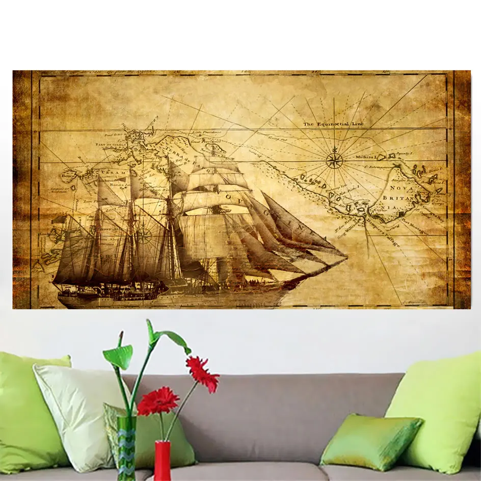 Настенное искусство домашний декор без рамки большие старые карты мира с лодкой
