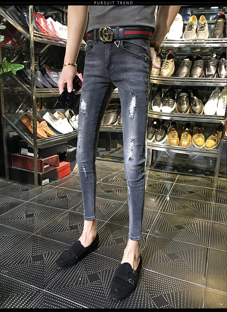 NEW spring autumn skinny strech Casual ripped hole fashion black teenagers hip hop cowboy denim leg jeans men pencil pants