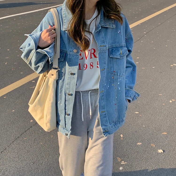 

New 2021 Spring Autumn Women's Denim Jeans Jackets Splash Ink Wild Streetwear Oversize Fashionable Lady Tops