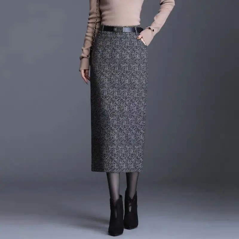 

2021 New Autumn Winter Woolen Middle Long Skirts Vintage Plaid High Waist with Belt Behind Split Female Skirt Y265