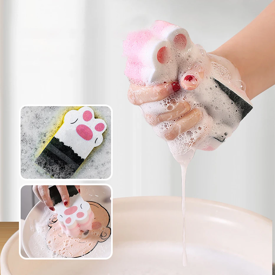 3PCS Kitchen Scrub Sponge Cute Cat Paw Shape Non-Scratch Dishwashing Heavy Duty Pad for Cleaning Dish Scrubber | Дом и сад