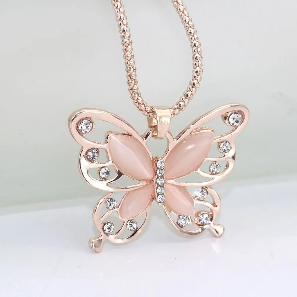

Fashion Womens Lady Pendant Necklace Womens Rose Gold Opal Butterfly Pendant Necklace Sweater Chain Jewelry Gift