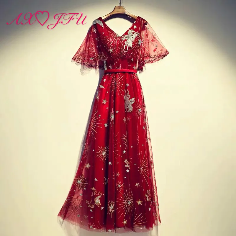 

AXJFU princess wine red flower lace a line evening dress vintage v neck sparkly bride party short batwing sleeve evening dress