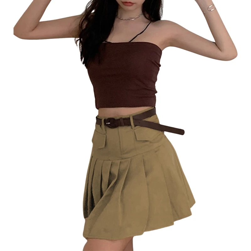 

Women Solid Color Slimming Skirt Female High-waisted Pleated Waist Mini Skirt Club Wear