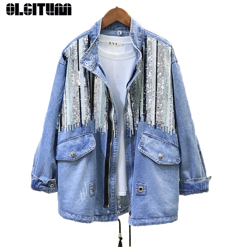 Модные пальто OLGITUM 2020 джинсовая куртка с блестками Женская бомбер модные длинным