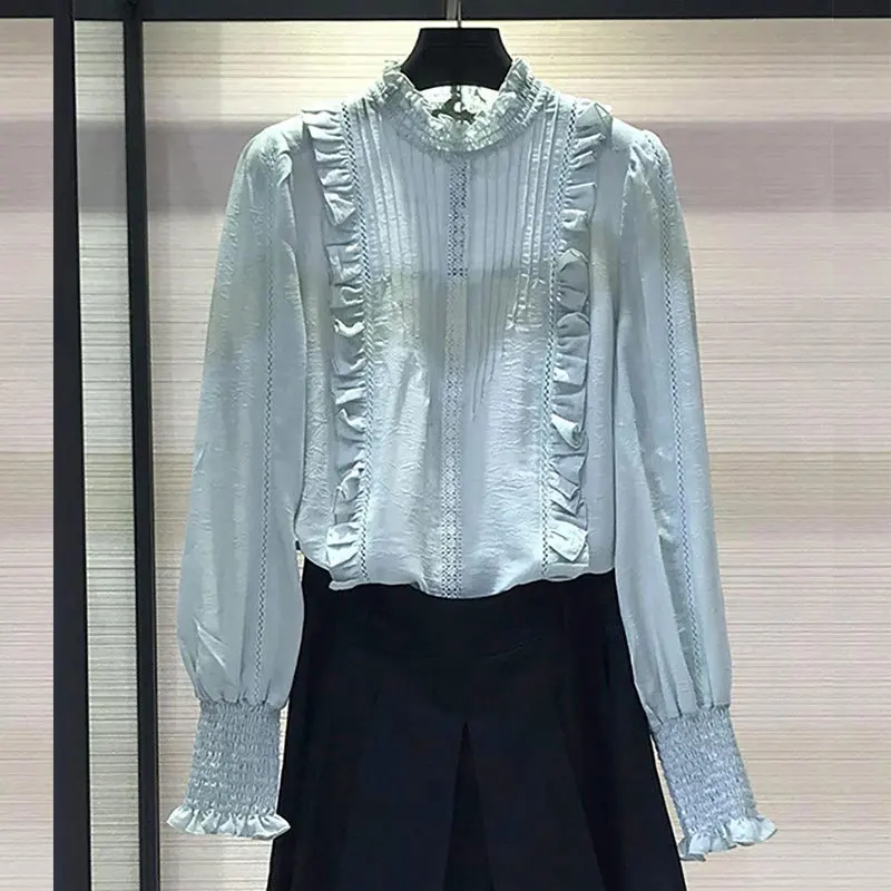 

Straight blouse 2021 spring new stand collar Ruffle chiffon shirt long sleeve top