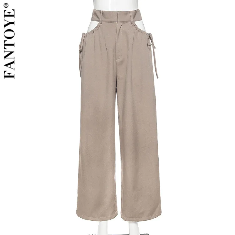 

FANTOYE Drawstring Hollow Out Sexy Pants Women Casual Loose High Waist Pants Female Fashion Solid Khaki Long Pants Streetwear