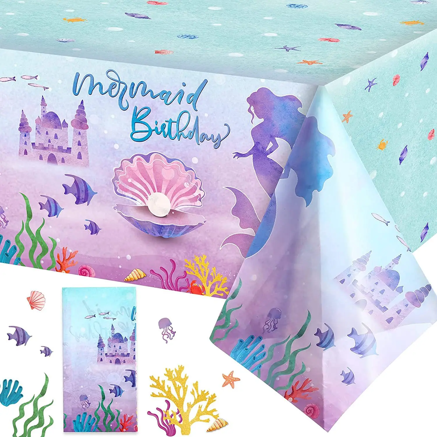 

130*220cm Mermaid Shell Disposable PE Table Cloth Mermaid Theme Table Cover Girl Under The Sea Happy Birthday Party Decor