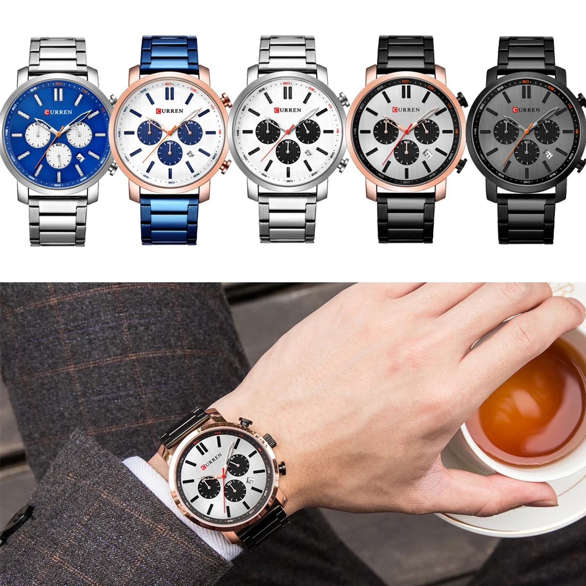 

CURREN Casual Quartz Analog Men's Watch Fashion Sport Wristwatch Chronograph Stainless Steel band Male Clock Relogio Masculino