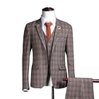 Мужские костюмы из 3 предметов, клетчатые облегающие свадебные костюмы для жениха, твидовые шерстяные коричневые смокинги для свадьбы (Блейзер + брюки + жилет + галстук)
