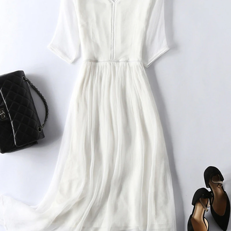 

2021 Women Spring Summer Casual Solid Silk Vestidos Ladies V-neck Half Sleeve Pleated Dress Female Elegant Plus Size Dresses K02