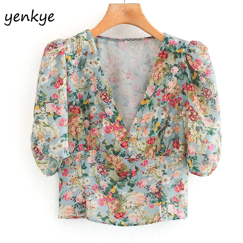 

Multicolor Floral Print Satin Cropped Blouse Women Sexy V Neck Ruched Short Sleeves Fashion Summer Tops blusas XNGC9762