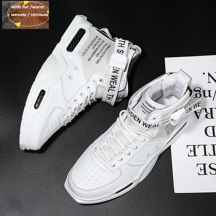 White Black Fur VSIOVRY/; Зимняя мужская обувь; Теплая Повседневная обувь на меху; высокие удобные мужские кроссовки; модные Прогулочные кроссовки для влюбленных - Цвет: White Black Fur