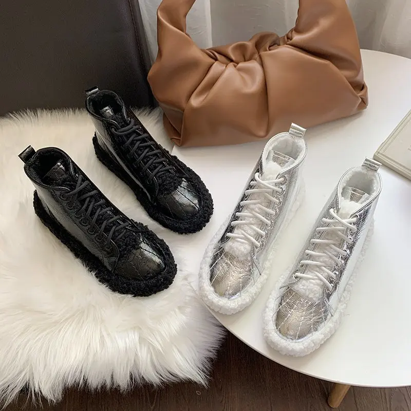 Hairy Shoes Women's High-top Shoes 2022 Autumn and Winter New All-match Casual Shoes Plus Velvet Warm Snow Cotton Shoes