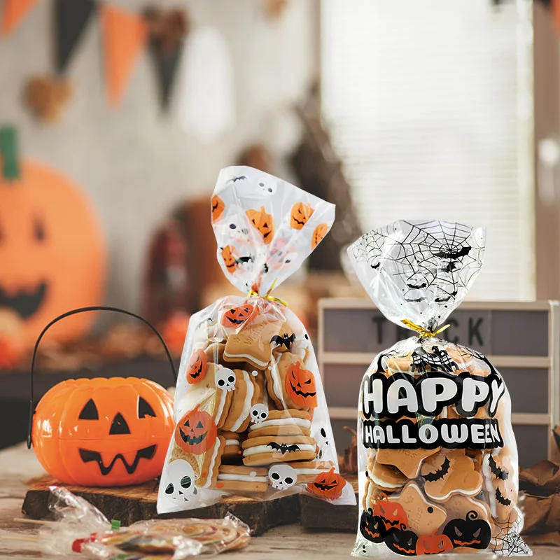 

50pcs Halloween Pumpkin Skull Cat Candy Biscuit Bags Food Plastic Transparent Bags Halloween Gift Bag Halloween Party Decoration