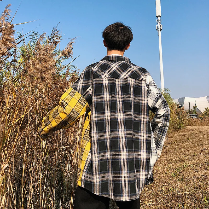 New Men Oversized Cotton Plaid Shirt 2021 Man Hip Hop Patchwork Button Up Long Sleeve Shirt Couple Korean Harajuku Clothing